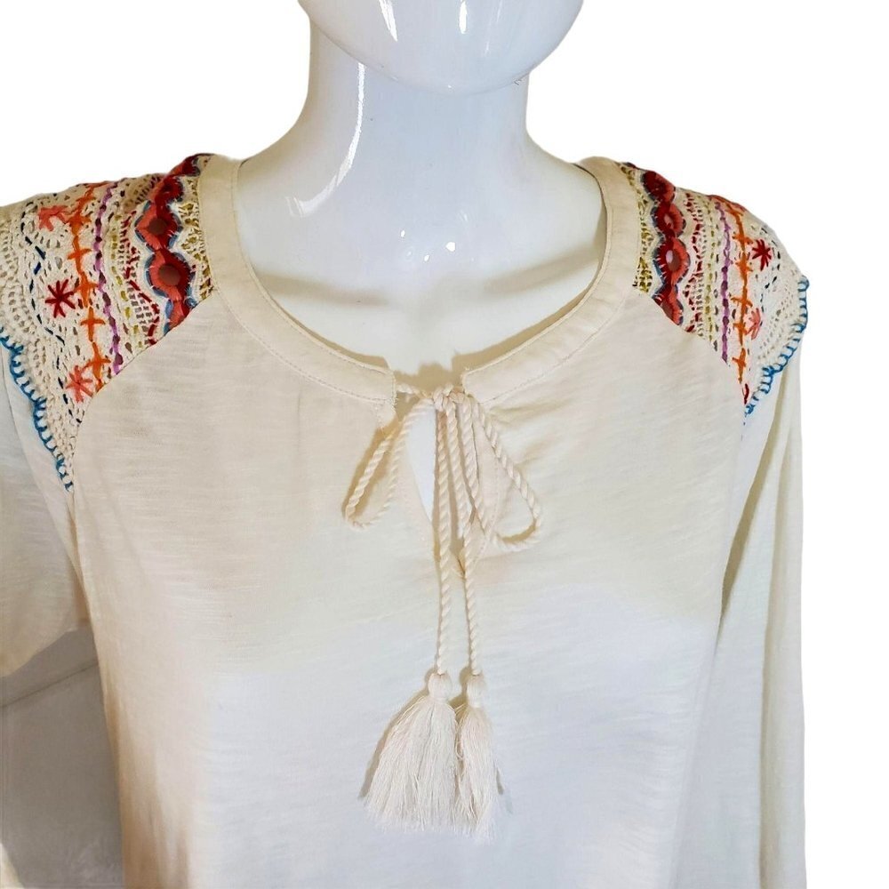 Style Co Plus Size Boho White Top Cotton Knit Tie Neck Long Slv Womens 1XL
